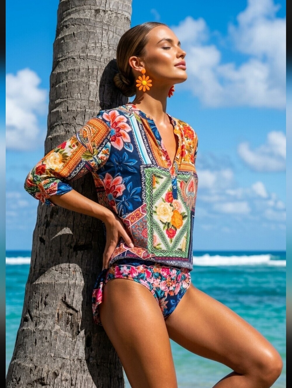 Shana Colorful Patchwork Floral Lightweight Tunic Top Roll-Tab Sleeves Size XL - Picture 7 of 9